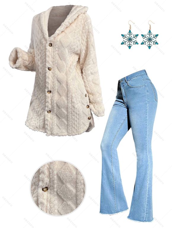 Textured Button Up Fluffy Hooded Coat And Zip Up Long Flare Jeans Snowflake Christmas Drop Earrings Outfit - Blanc S | US 4