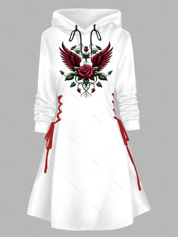 Mini Robe à Capuche Rose Imprimée à Manches Longues à Lacets - Blanc L | US 8-10