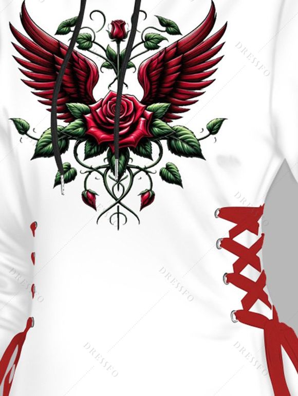 Mini Robe à Capuche Rose Imprimée à Manches Longues à Lacets - Blanc L | US 8-10