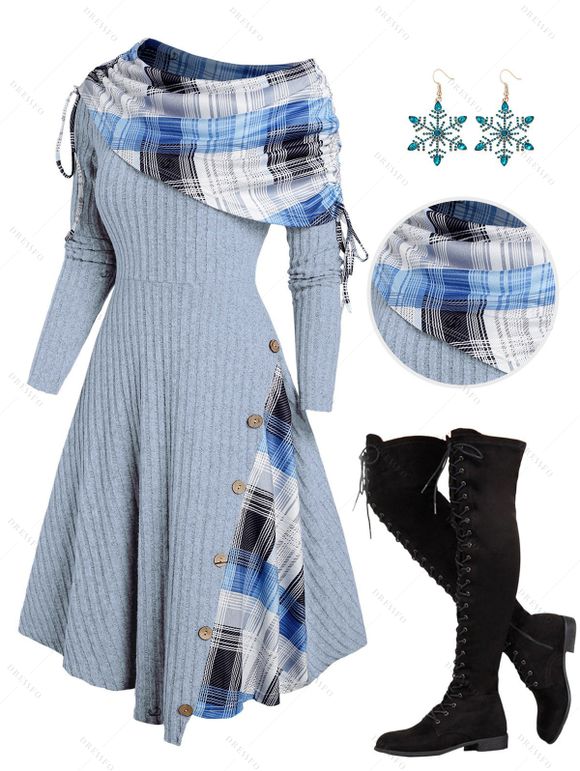 Plaid Patchwork Off The Shoulder Cinched Asymmetric Dress And Christmas Snowflake Drop Earrings Lace Up Boots Outfit - Bleu clair S | US 4