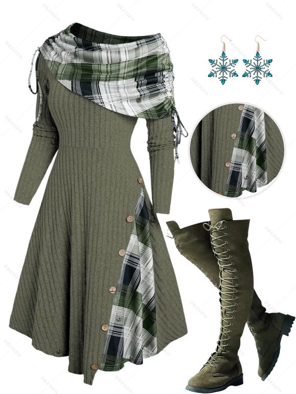 Plaid Patchwork Off The Shoulder Cinched Asymmetric Dress And Lace Up Over The Knee Boots Snowflake Christmas Hook Drop Earrings Outfit - Vert profond S | US 4