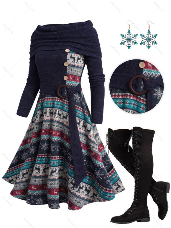 Christmas Elk Snowflake Tribal Pattern Panel Mock Button Foldover Knit Mini Dress And Lace Up Over The Knee Boots Xmas Earrings Outfit - Bleu de Minuit S | US 4