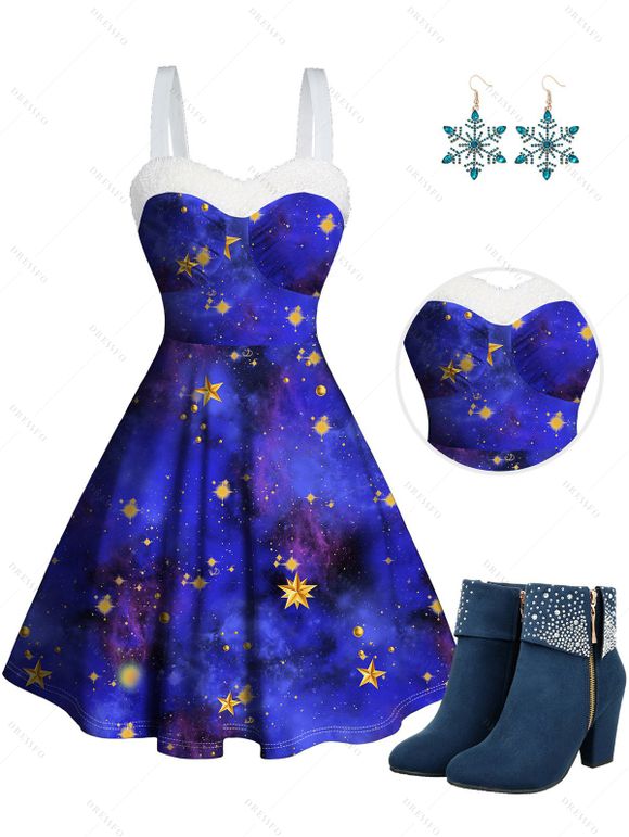 Galaxy Star Print Faux Fur Panel Ruched Bust Mini Dress And Rhinestones Ankle Boots Christmas Snowflake Earrings Outfit - Bleu S | US 4