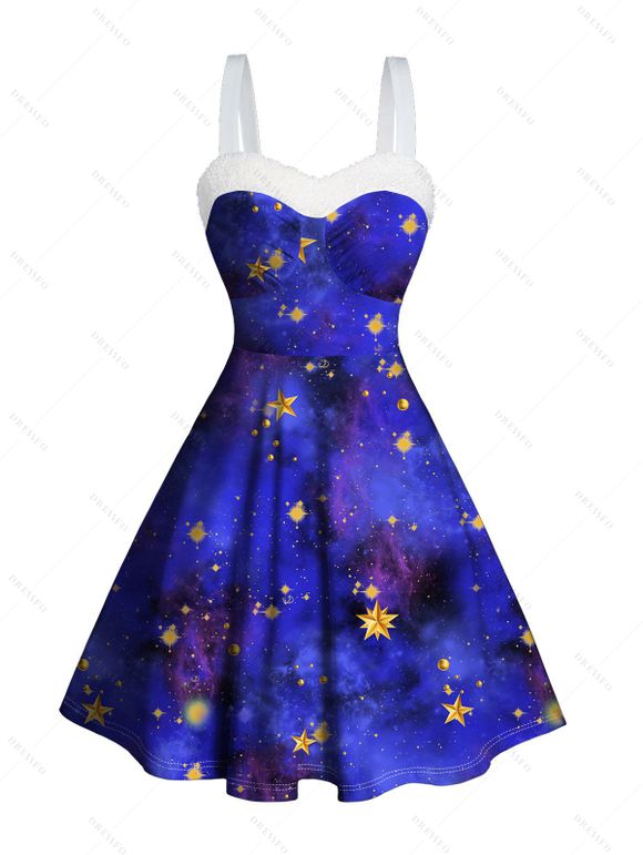 Galaxy Star Print Faux Fur Panel Ruched Bust Mini Dress And Rhinestones Ankle Boots Christmas Snowflake Earrings Outfit - Bleu S | US 4