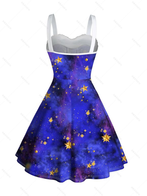 Galaxy Star Print Faux Fur Panel Ruched Bust Mini Dress And Rhinestones Ankle Boots Christmas Snowflake Earrings Outfit - Bleu S | US 4