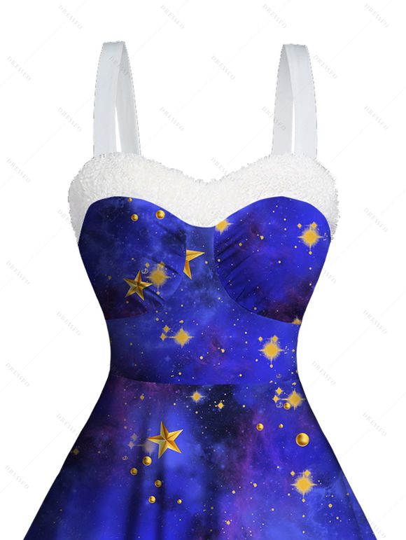 Galaxy Star Print Faux Fur Panel Ruched Bust Mini Dress And Rhinestones Ankle Boots Christmas Snowflake Earrings Outfit - Bleu S | US 4