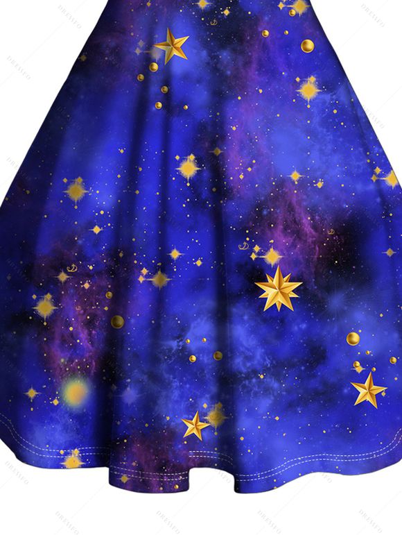Galaxy Star Print Faux Fur Panel Ruched Bust Mini Dress And Rhinestones Ankle Boots Christmas Snowflake Earrings Outfit - Bleu S | US 4