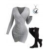 Ribbed Tulip Hem Surplice V Neck Mini Bodycon Dress And Lace Up Over The Knee Boots Rhinestone Moon Cat Star Chain Necklace Outfit - Gris Clair S | US 4