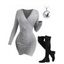 Ribbed Tulip Hem Surplice V Neck Mini Bodycon Dress And Lace Up Over The Knee Boots Rhinestone Moon Cat Star Chain Necklace Outfit - Gris Clair S | US 4