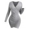 Ribbed Tulip Hem Surplice V Neck Mini Bodycon Dress And Lace Up Over The Knee Boots Rhinestone Moon Cat Star Chain Necklace Outfit - Gris Clair S | US 4