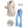 Textured Button Up Fluffy Hooded Coat And Zip Up Long Flare Jeans Snowflake Christmas Drop Earrings Outfit - Blanc S | US 4