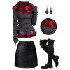 Plaid Print Knit Hooded Top And Button Up PU Mini Skirt Lace Up Over The Knee Boots Gothic Drop Earrings Outfit - Noir S | US 4