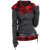 Plaid Print Knit Hooded Top And Button Up PU Mini Skirt Lace Up Over The Knee Boots Gothic Drop Earrings Outfit - Noir S | US 4