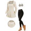 Solid Color Cable Knit Textured Mock Button Sweater And Hip-Lifting Fleece-Lined Skinny Pants Life Tree Pattern Hoop Earrings Outfit - Beige S | US 4