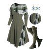 Plaid Patchwork Off The Shoulder Cinched Asymmetric Dress And Lace Up Over The Knee Boots Snowflake Christmas Hook Drop Earrings Outfit - Vert profond S | US 4