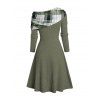 Plaid Patchwork Off The Shoulder Cinched Asymmetric Dress And Lace Up Over The Knee Boots Snowflake Christmas Hook Drop Earrings Outfit - Vert profond S | US 4