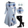 Plaid Patchwork Off The Shoulder Cinched Asymmetric Dress And Christmas Snowflake Drop Earrings Lace Up Boots Outfit - Bleu clair S | US 4