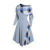 Plaid Patchwork Off The Shoulder Cinched Asymmetric Dress And Christmas Snowflake Drop Earrings Lace Up Boots Outfit - Bleu clair S | US 4