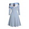 Plaid Patchwork Off The Shoulder Cinched Asymmetric Dress And Christmas Snowflake Drop Earrings Lace Up Boots Outfit - Bleu clair S | US 4