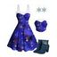 Galaxy Star Print Faux Fur Panel Ruched Bust Mini Dress And Rhinestones Ankle Boots Christmas Snowflake Earrings Outfit - Bleu S | US 4