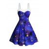 Galaxy Star Print Faux Fur Panel Ruched Bust Mini Dress And Rhinestones Ankle Boots Christmas Snowflake Earrings Outfit - Bleu S | US 4