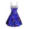 Galaxy Star Print Faux Fur Panel Ruched Bust Mini Dress And Rhinestones Ankle Boots Christmas Snowflake Earrings Outfit - Bleu S | US 4