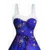 Galaxy Star Print Faux Fur Panel Ruched Bust Mini Dress And Rhinestones Ankle Boots Christmas Snowflake Earrings Outfit - Bleu S | US 4