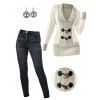 Contrast Color Mock Horn Button Plunge Neck Sweater And Dark Wash Zip Fly Pencil Jeans Life Tree Hoop Drop Earrings Outfit