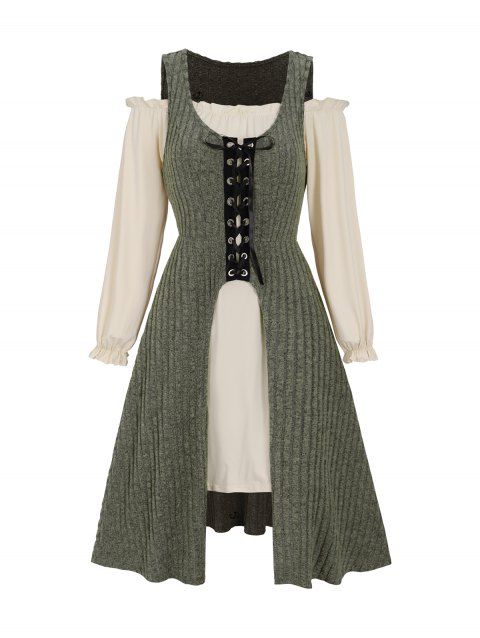 Off The Shoulder Ruffles Mini Dress And Lace Up Ribbed Top Two Piece Set