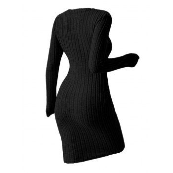 Solid Color Ribbed Long Sleeve Mock Button Mini Bodycon Dress 