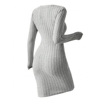 Solid Color Ribbed Long Sleeve Mock Button Mini Bodycon Dress 