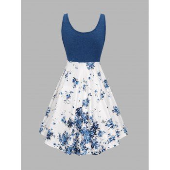 Flower Print Contrast Color Lace Up Mini Dress Ruched Bust O Ring Sleeveless Dress 