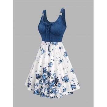 Flower Print Contrast Color Lace Up Mini Dress Ruched Bust O Ring Sleeveless Dress 