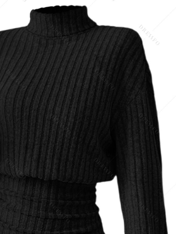 Mini Robe Moulante Côtelée Goutte Epaule en Couleur Unie à Manches Longues - Noir S | US 4