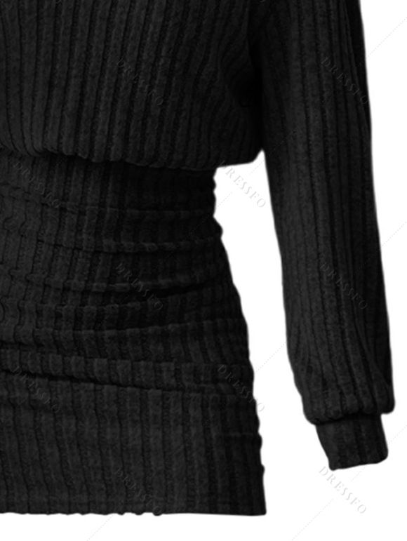 Mini Robe Moulante Côtelée Goutte Epaule en Couleur Unie à Manches Longues - Noir S | US 4
