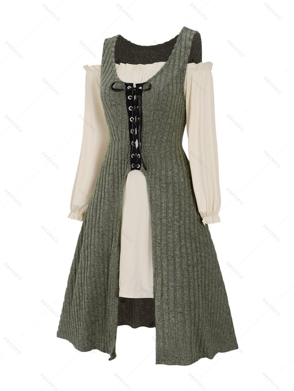 Ensemble de Robe à Epaule Dénudée à Volants et de Mini-Haut Côtelé à Lacets Deux Pièces - Vert profond M | US 6