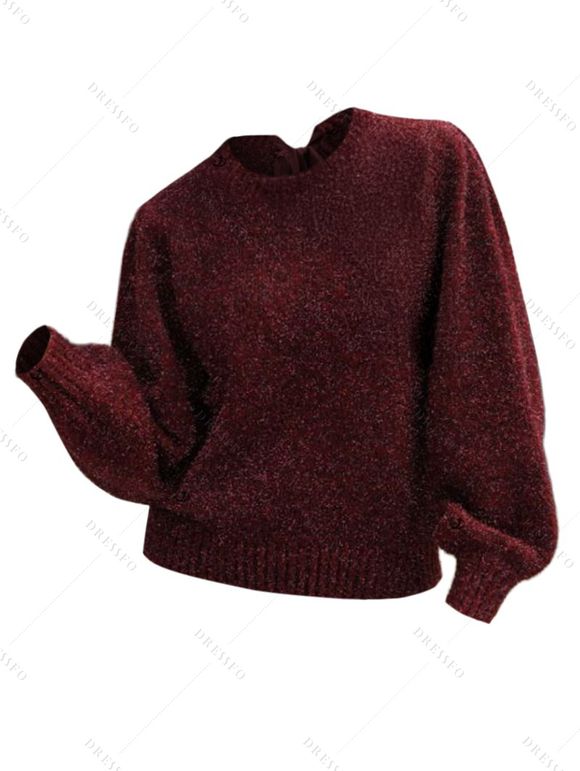 Pull en Tricot Brillant Côtelé Détaillé à Ourlet Noué Au Dos à Manches Bouffantes - Rouge foncé XL | US 10