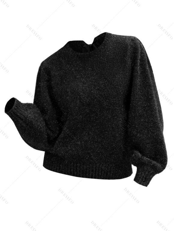 Pull en Tricot Brillant Côtelé Détaillé à Ourlet Noué Au Dos à Manches Bouffantes - Noir XL | US 10