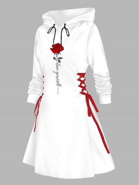 Valentine's Day Rose Print Lace Up Mini Hooded Dress