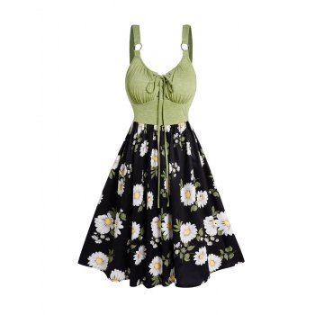 Colorblock Daisy Leaf Print Mini Dress Lace Up O Ring Strap High Waist Casual Dress 