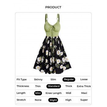 Colorblock Daisy Leaf Print Mini Dress Lace Up O Ring Strap High Waist Casual Dress 