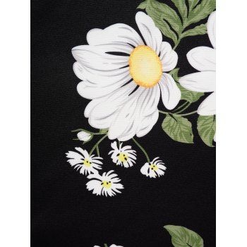 Colorblock Daisy Leaf Print Mini Dress Lace Up O Ring Strap High Waist Casual Dress 