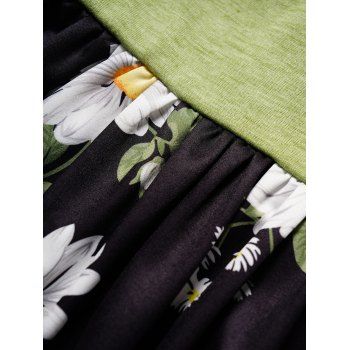 Colorblock Daisy Leaf Print Mini Dress Lace Up O Ring Strap High Waist Casual Dress 