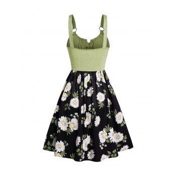 Colorblock Daisy Leaf Print Mini Dress Lace Up O Ring Strap High Waist Casual Dress 