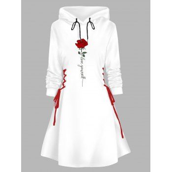 Valentine`s Day Rose Print Lace Up Mini Hooded Dress 
