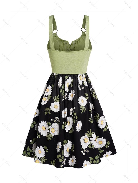 Mini Robe Décontractée à Imprimé Feuille Marguerite à Taille Haute en Blocs de Couleurs à Lacets - Vert clair XL