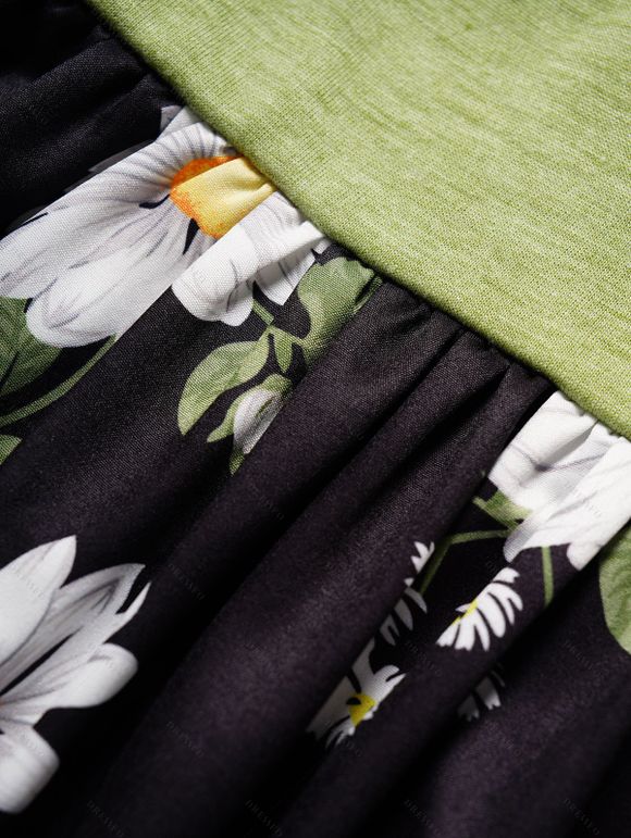 Mini Robe Décontractée à Imprimé Feuille Marguerite à Taille Haute en Blocs de Couleurs à Lacets - Vert clair XL