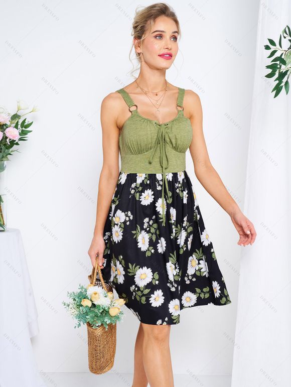 Mini Robe Décontractée à Imprimé Feuille Marguerite à Taille Haute en Blocs de Couleurs à Lacets - Vert clair XL