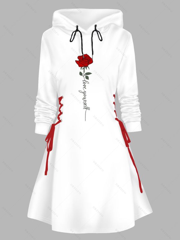 Mini-Robe à Capuche avec Lacets et à Imprimé Roses pour Saint-Valentin - Blanc XL | US 12