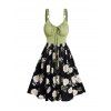 Mini Robe Décontractée à Imprimé Feuille Marguerite à Taille Haute en Blocs de Couleurs à Lacets - Vert clair XXL